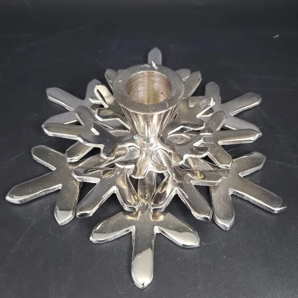Crate & Barrel Silver Snowflake Taper Candle Holder Shiny Metal Decor